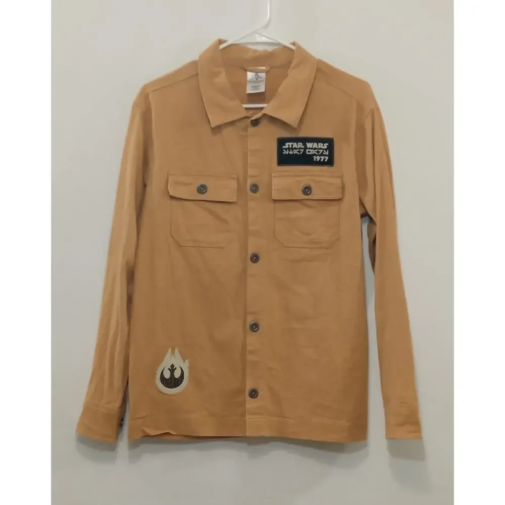 Disney Parks Star Wars Mens Brown 1977 Patch Rebal Button Up Long Sleeve Size XS - Picture 2 of 10